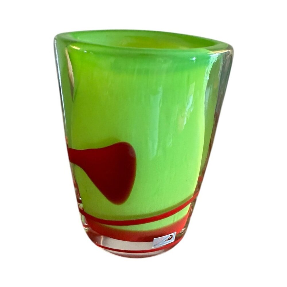 Atelier Beranek Czech Art Glass‎ Petite Vase Heavy Green Red Abstract Swirl EUC